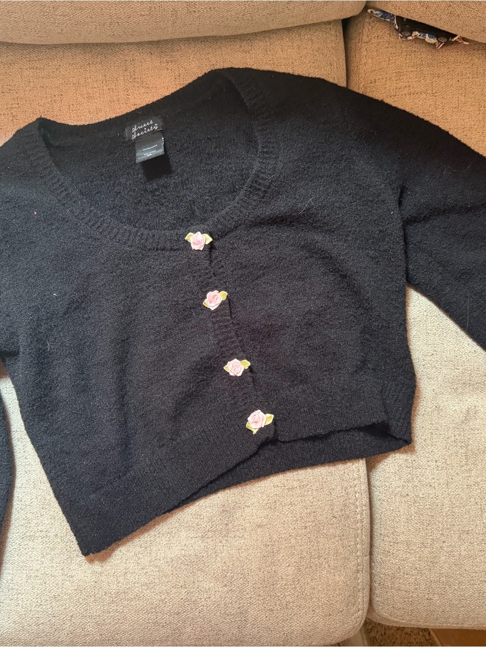 Hot Topic Black Cropped Cardigan with Pink Rose Buttons